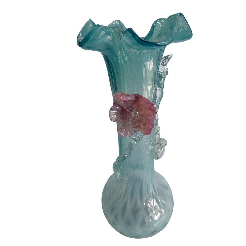 Handcrafted Blue Lace Glass Vase With Pink Rose Embellishment 7" - Picture 2 of 7